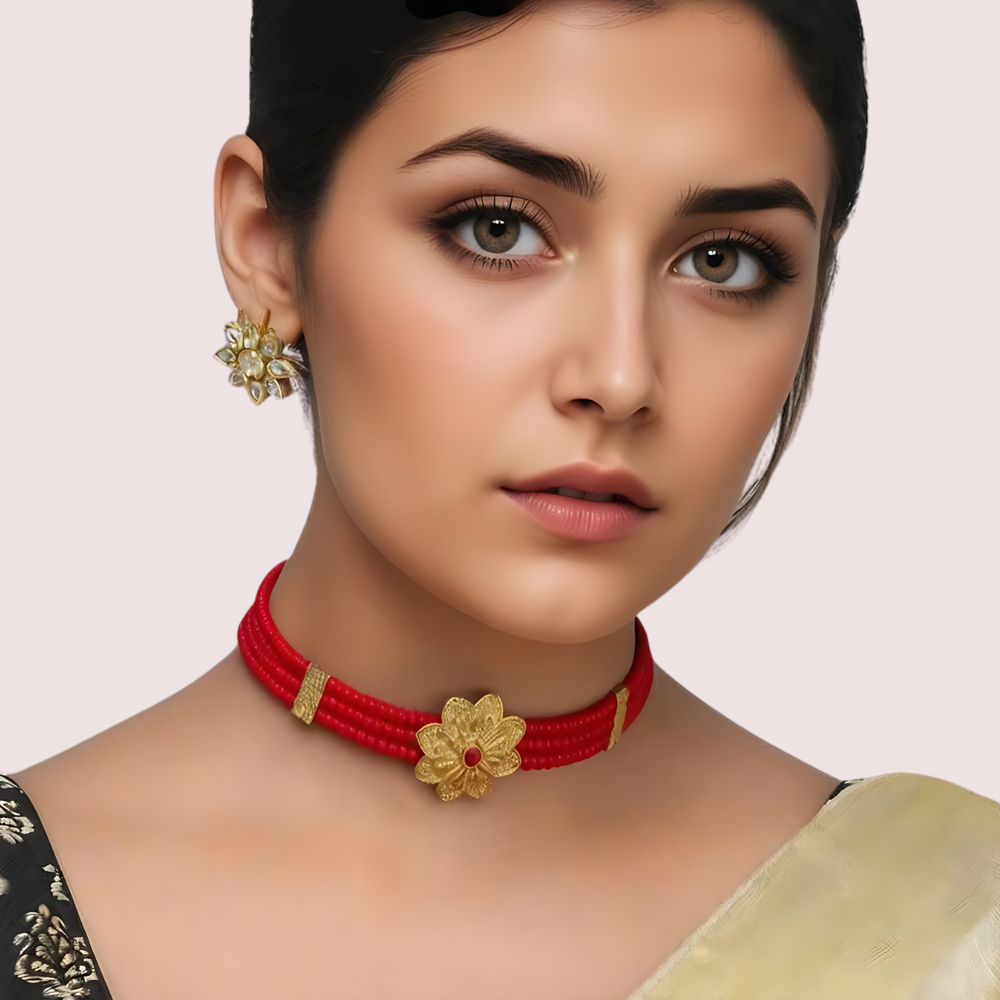 Scarlet Bloom Red Beaded Necklace with Floral Gold Pendant